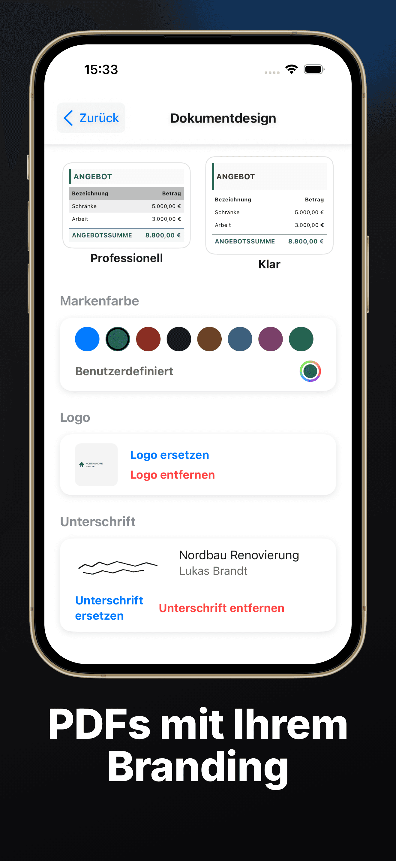 Gebrandete PDFs — Logo, Farbe und sechs Vorlagen