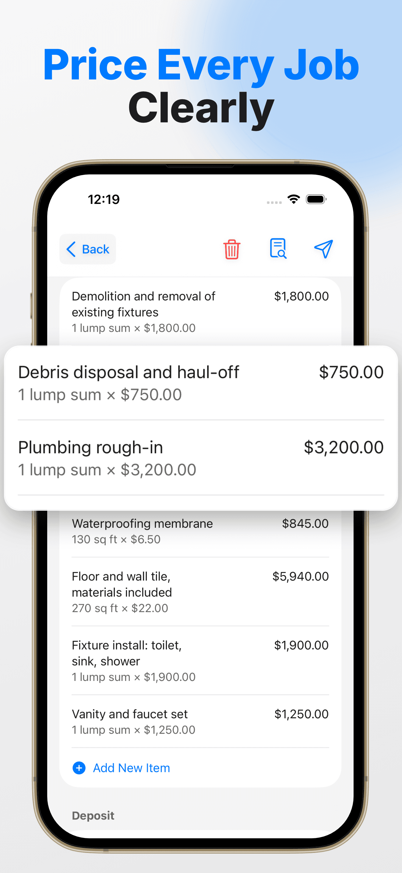 Markup, sales tax, deposits, and payment history