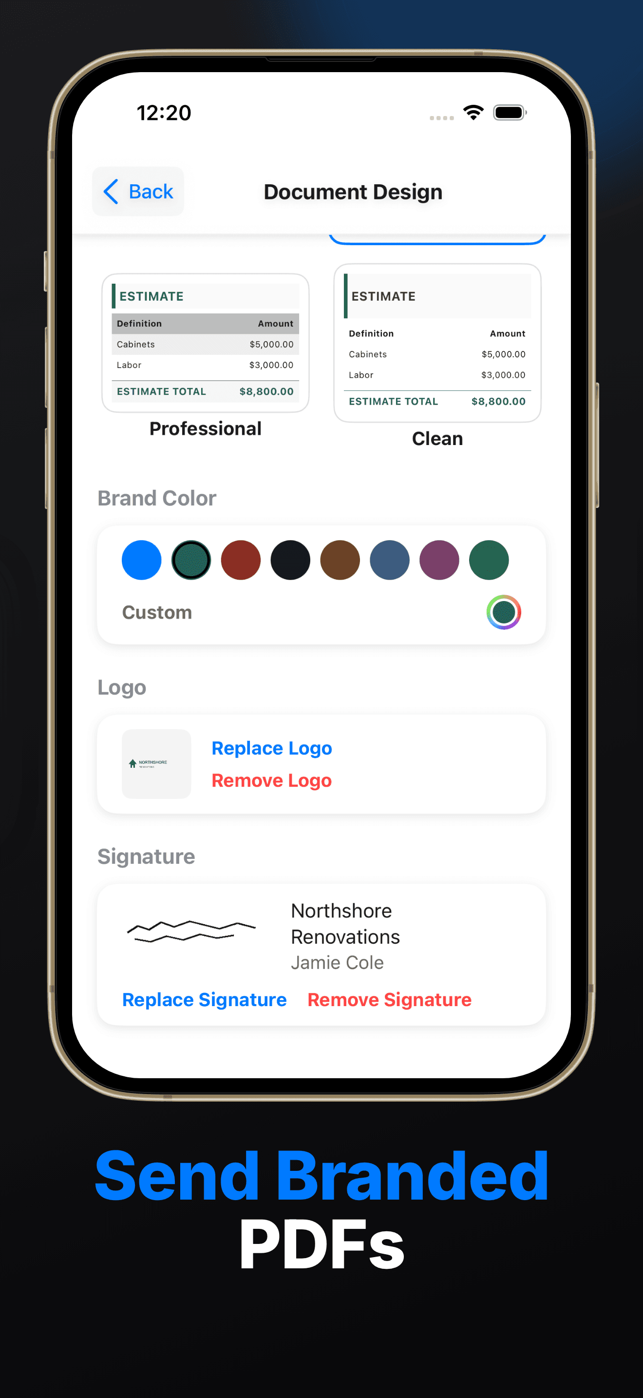 Branded PDFs — logo, color, and six templates
