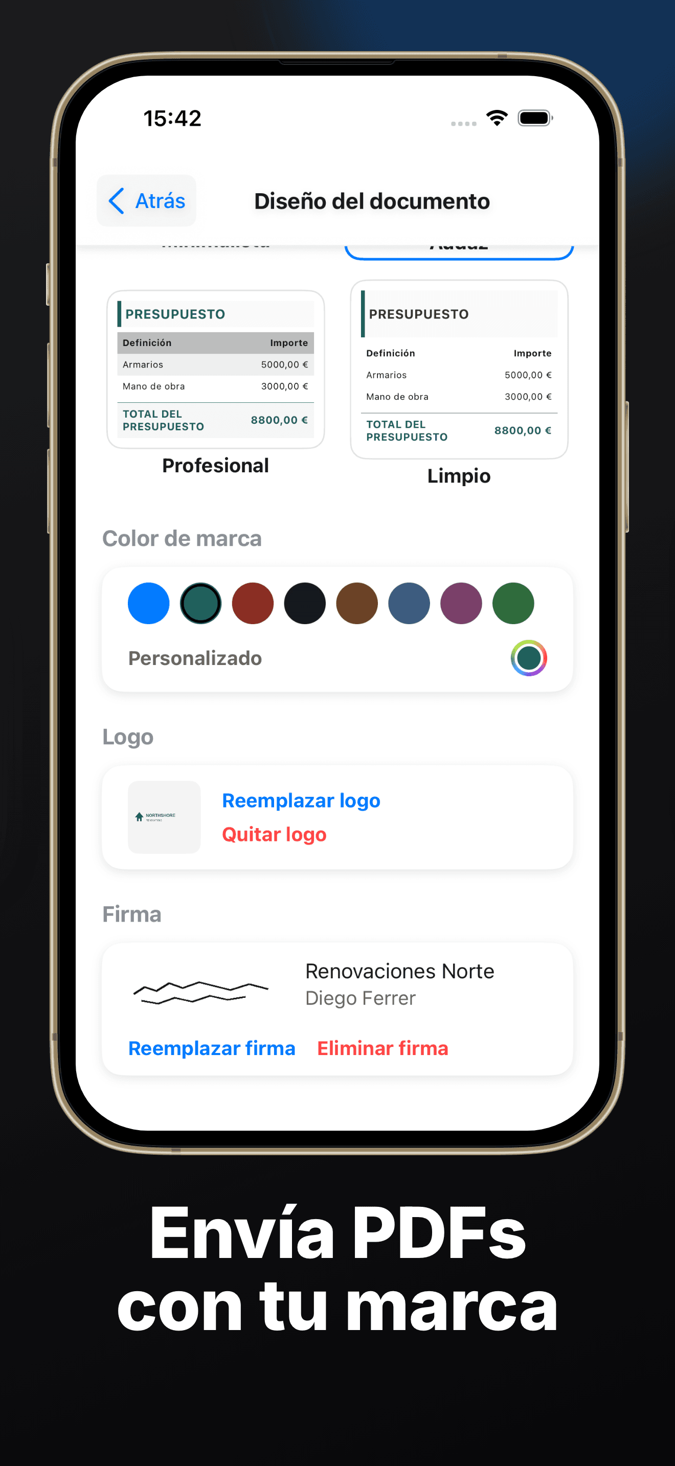 PDF con marca: logotipo, color y seis plantillas