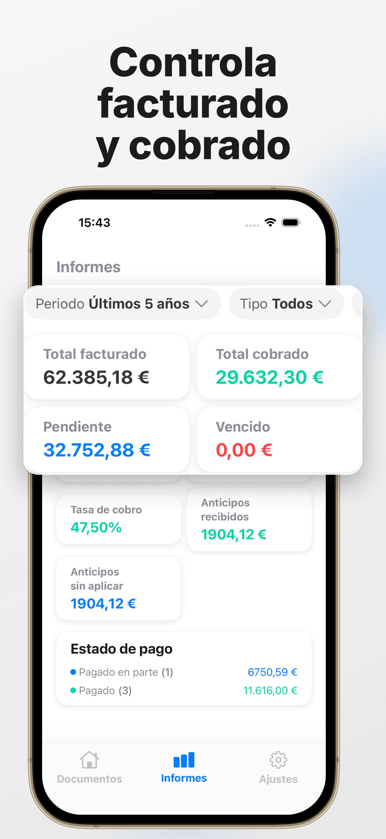Informes: facturado, cobrado, pendiente, vencido