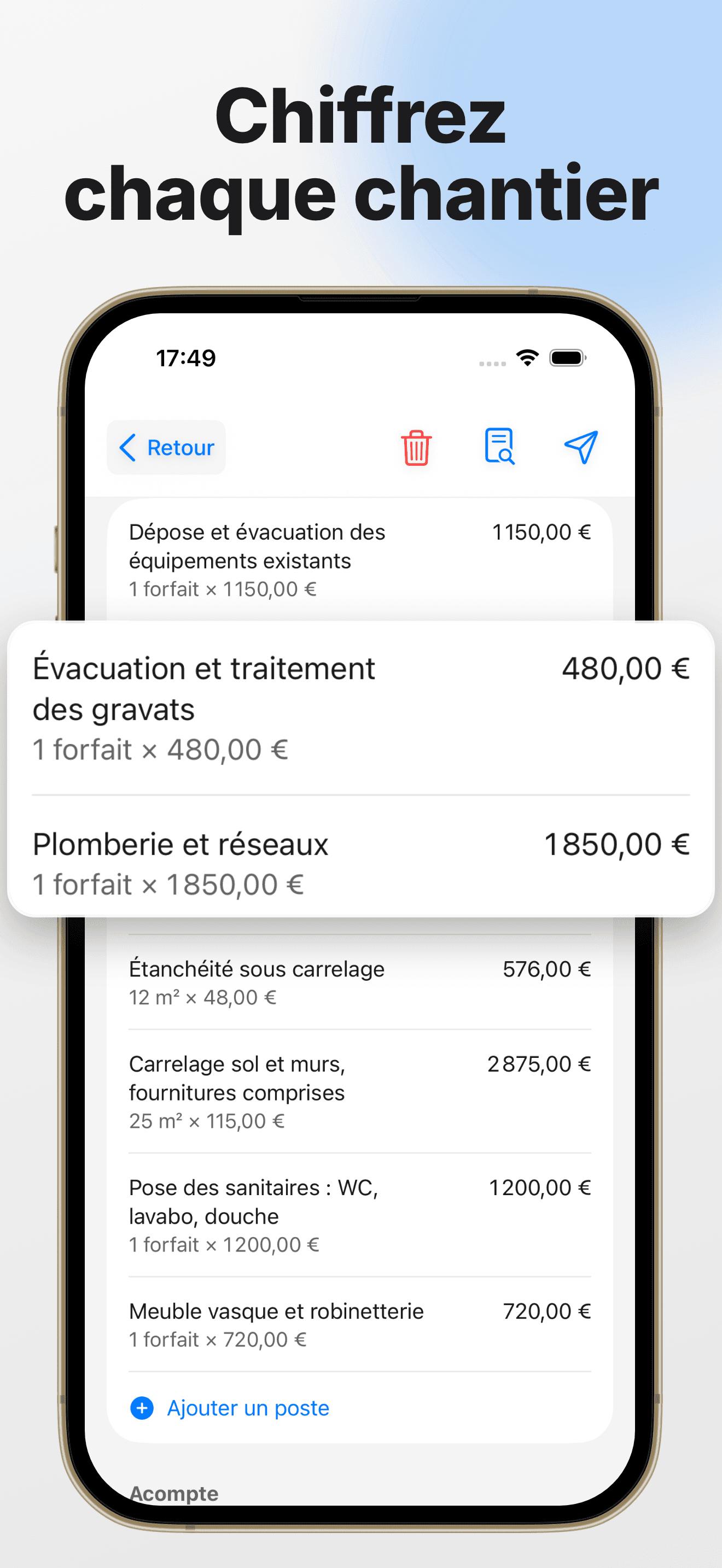 Marge, TVA, acomptes et historique des paiements