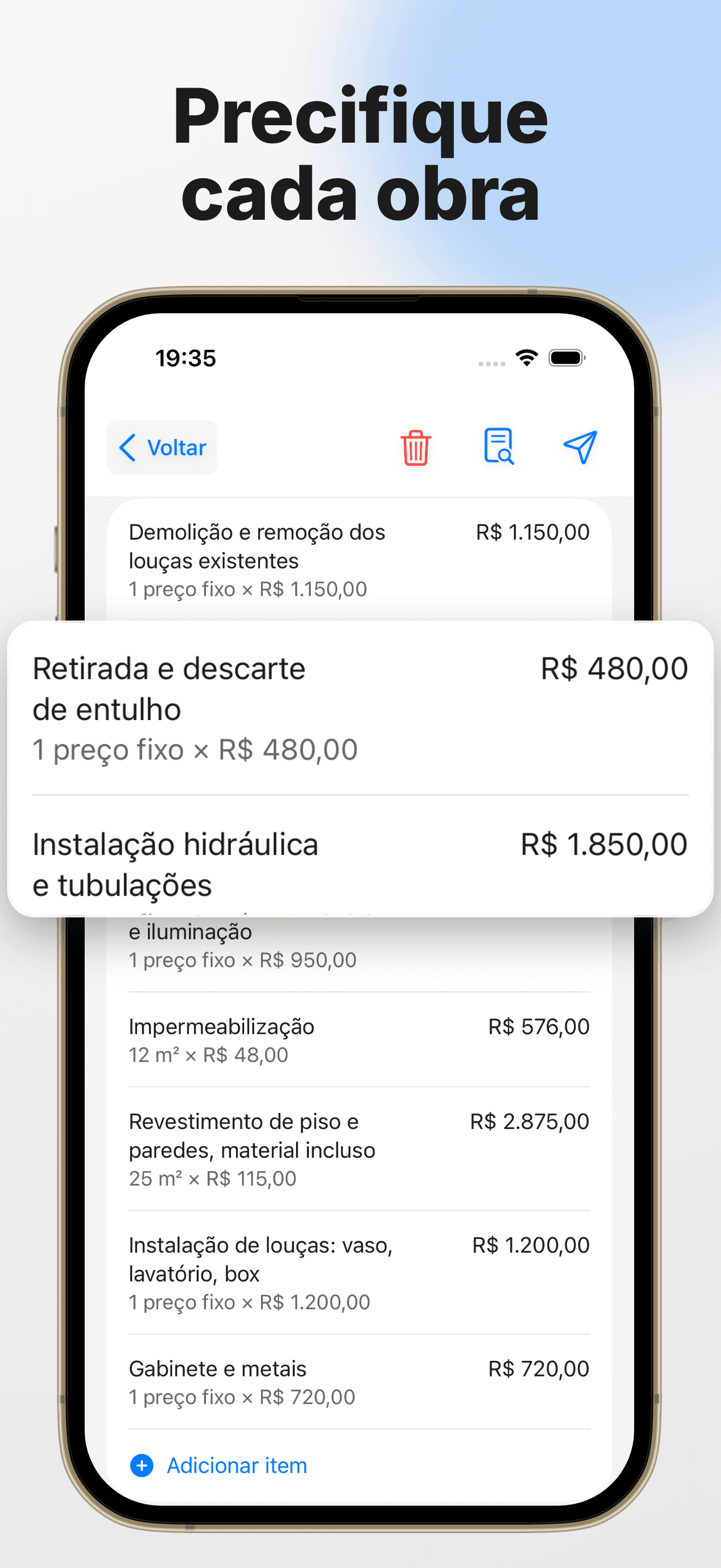 Margem, imposto, entrada e histórico de pagamentos