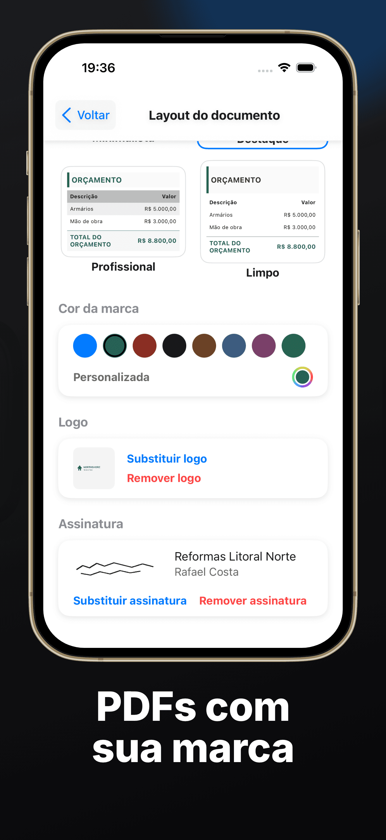 PDF com marca — logo, cor e seis modelos