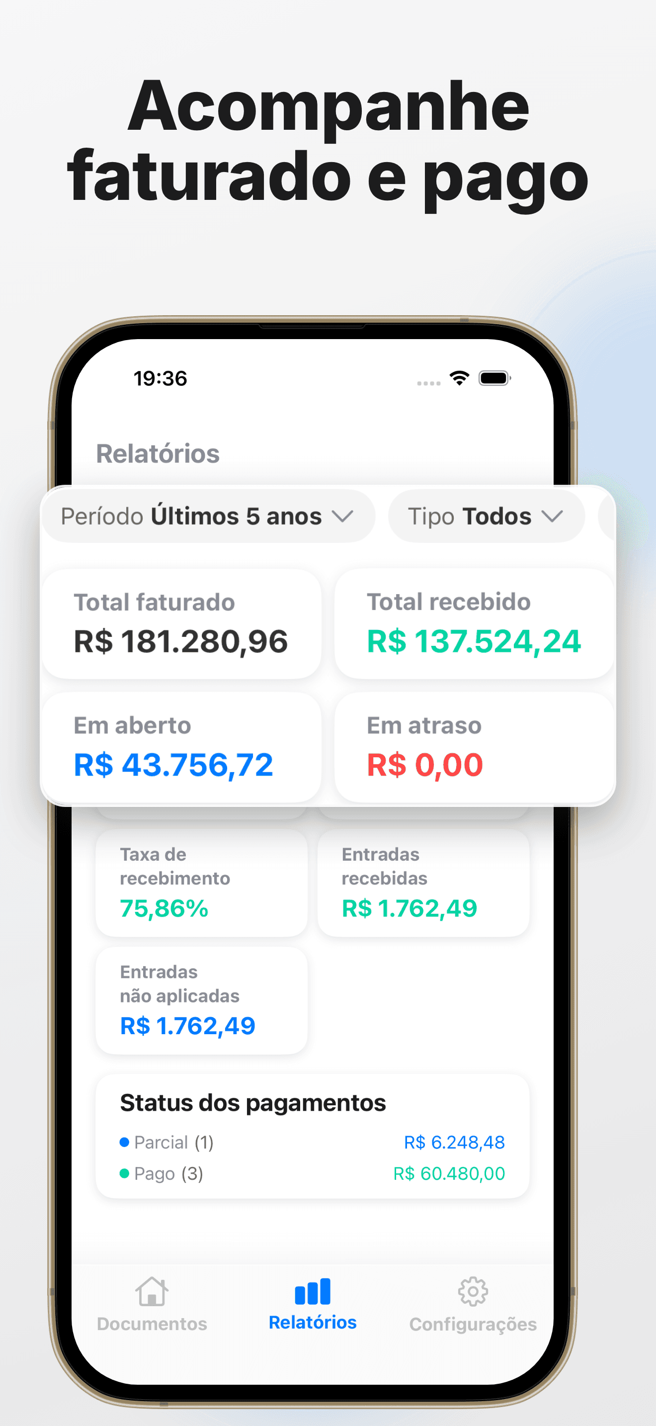 Relatórios: faturado, recebido, em aberto, vencido