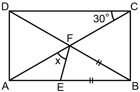 ABCD dikdörtgende köşegenler, E noktası ve x açısı gösterilmiş geometri şekli