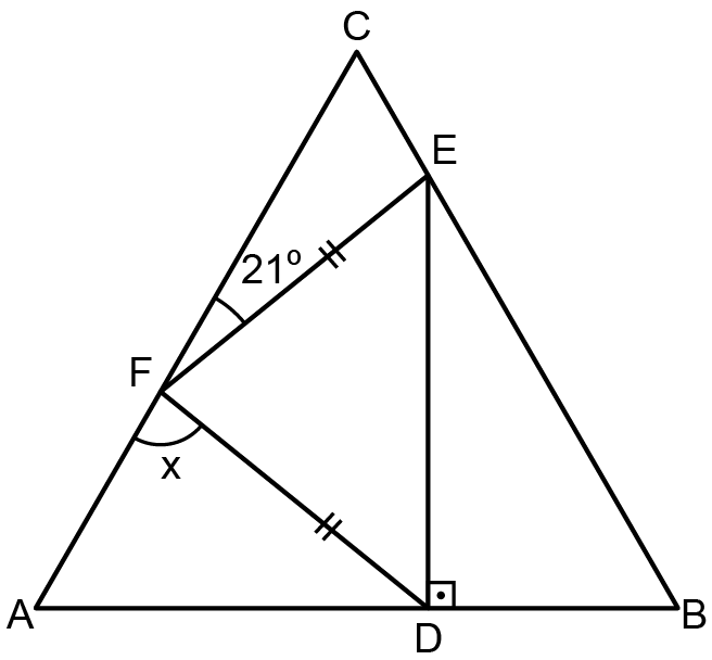 ABC eşkenar üçgende D, E, F noktaları, dik açı ve 21 derece açısı gösterilmiş geometri şekli